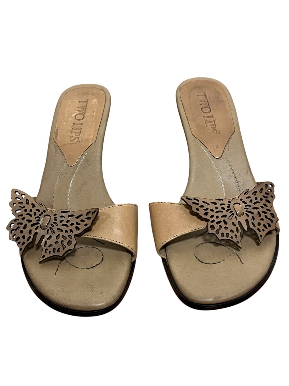 Two Lips Butterfly Tan Kitten Heels Mules Y2K — Size 6.5 - Picture 5 of 12